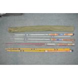Four vintage glass fibre fishing rods - Falshaw's of Liverpool two piece rod L216cm, two piece rod