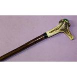 Hazel shank walking stick with Red Deer antler handle and unusual green knob topper, overall L105cm