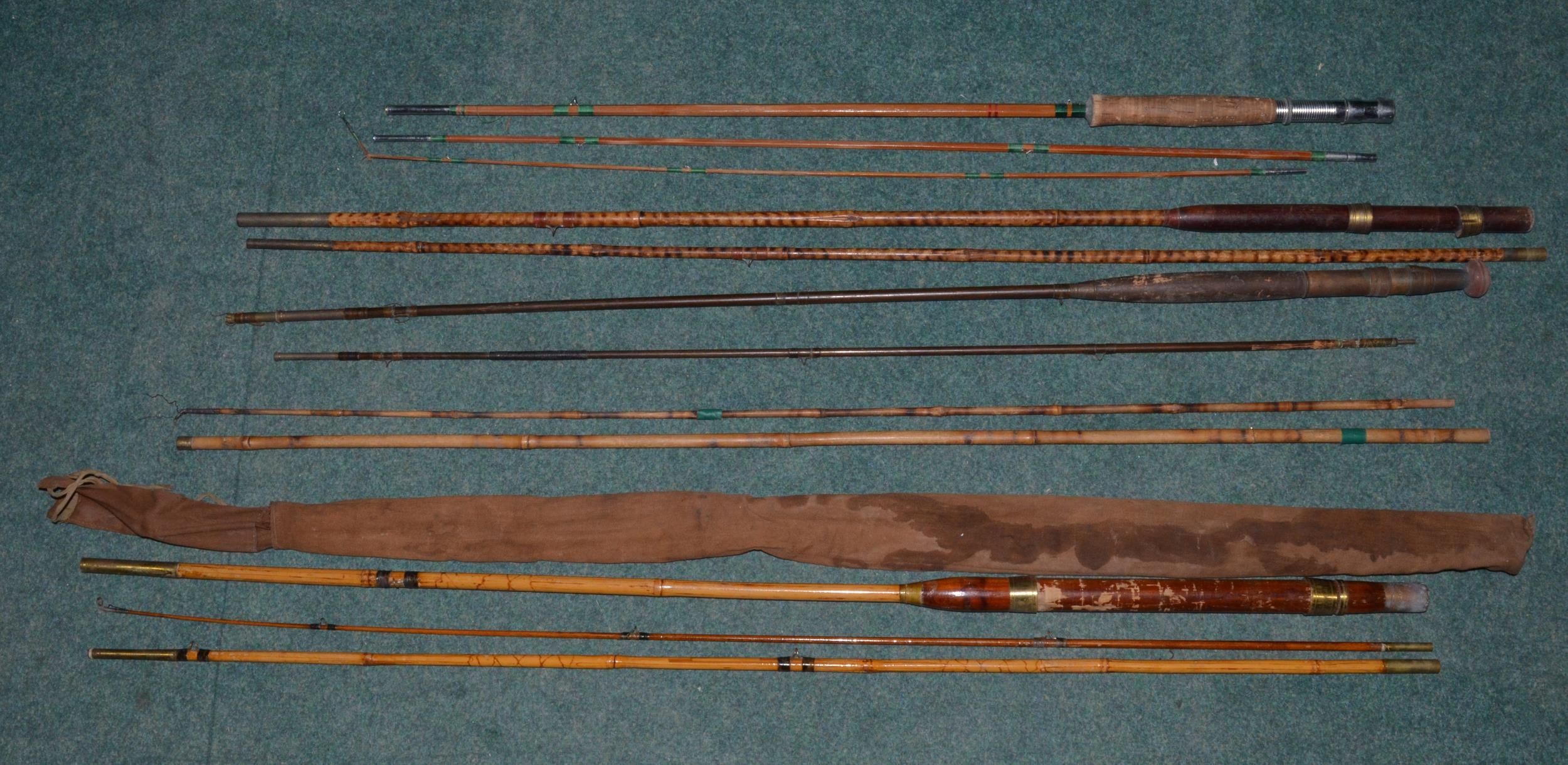 Vintage split cane and bamboo fishing rods, including two piece child's fishing stick (A/F)
