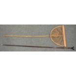 Vintage bamboo/wood landing/crabbing net and a House of Hardy thumbstick walking stick/landing net