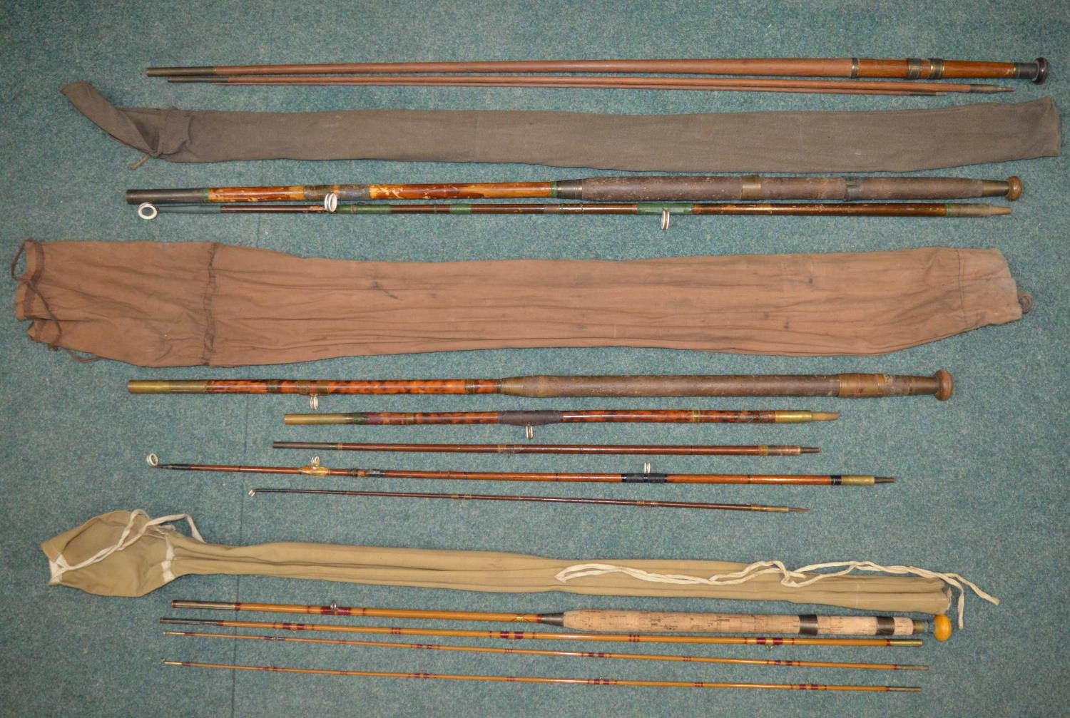 Four vintage fishing rods - unfinished solid wood turned three piece fishing rod L310cm (A/F),