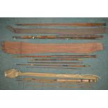 Four vintage fishing rods - unfinished solid wood turned three piece fishing rod L310cm (A/F),