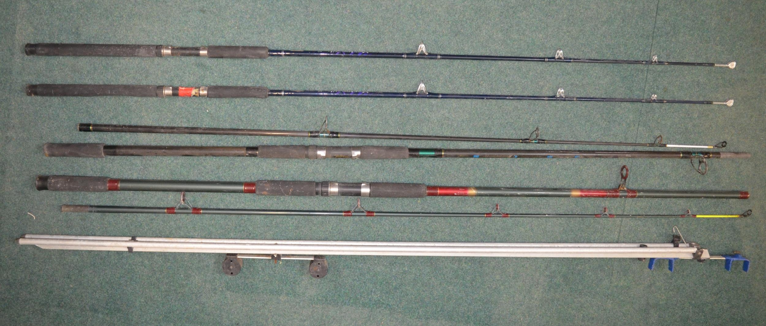2 6ft boat rods by Master Line, 2 Beachcasters, 1 by Shakespeare L3.6m 2 piece, a Sil Star MXE Power