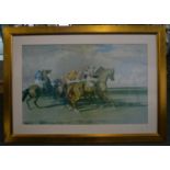 Framed print of horse racing instinctually signed (A.Munion?) 90x64.5cm