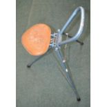 Vintage metal folding fishing chair with leather seat cushion. Light, comfortable and functional.