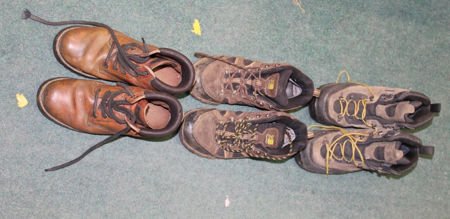 Pair of used Karrimor KSB hiking boots, pair of used Karrimor walking boots and pair of leather