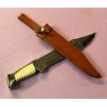 Large polished steel Bowie knife with clipped blade, double fuller grooves, moulded plastic handle