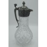 C20th Victorian style claret jug with pear shaped hob nail body with rococo style E.P on copper