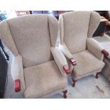 Pair of HSL wing back upholstered arm chairs, on cabriole legs, (2)