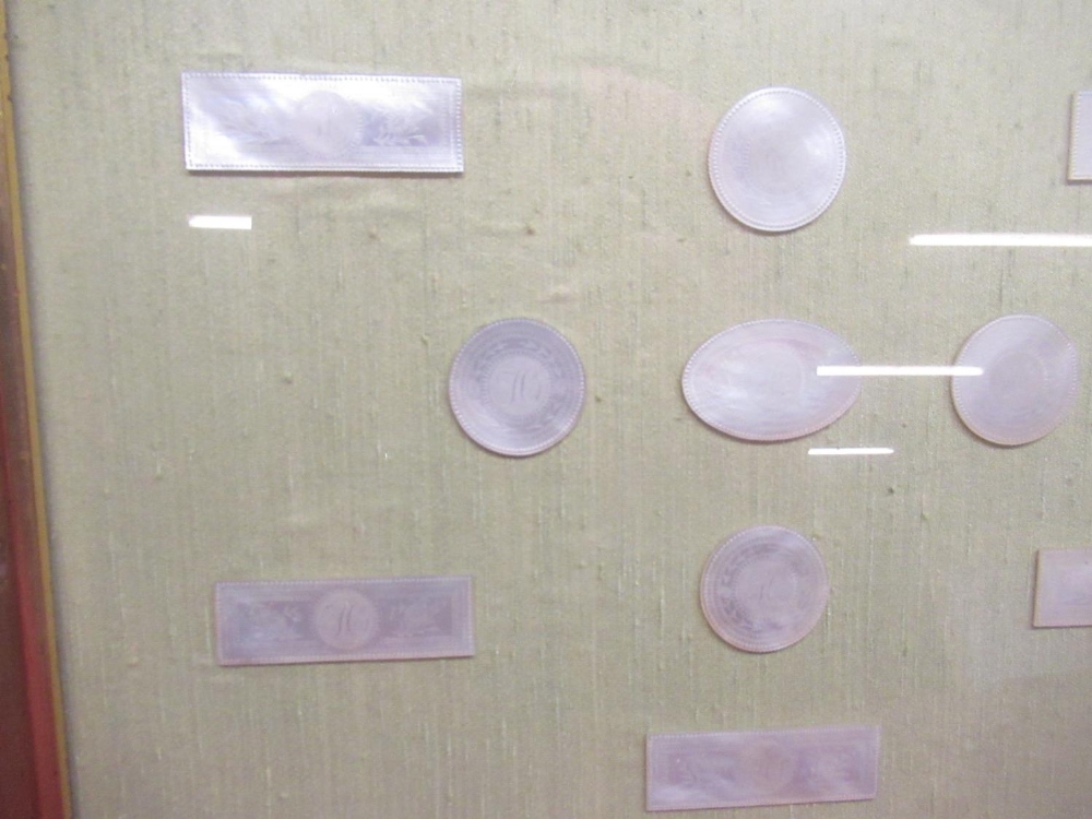 Framed mother of pearl engraved card counters (11) - Image 2 of 3