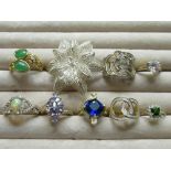 Sterling silver filigree flower ring, stamped 925, and a collection gilt sterling silver rings,