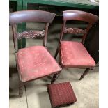 Pair of Victorian mahogany dining chairs, on turned supports, and an Edwardian ebonised footstool on