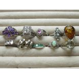 Collection of sterling silver rings, set with a variety of different stones, all stamped 925, 1.