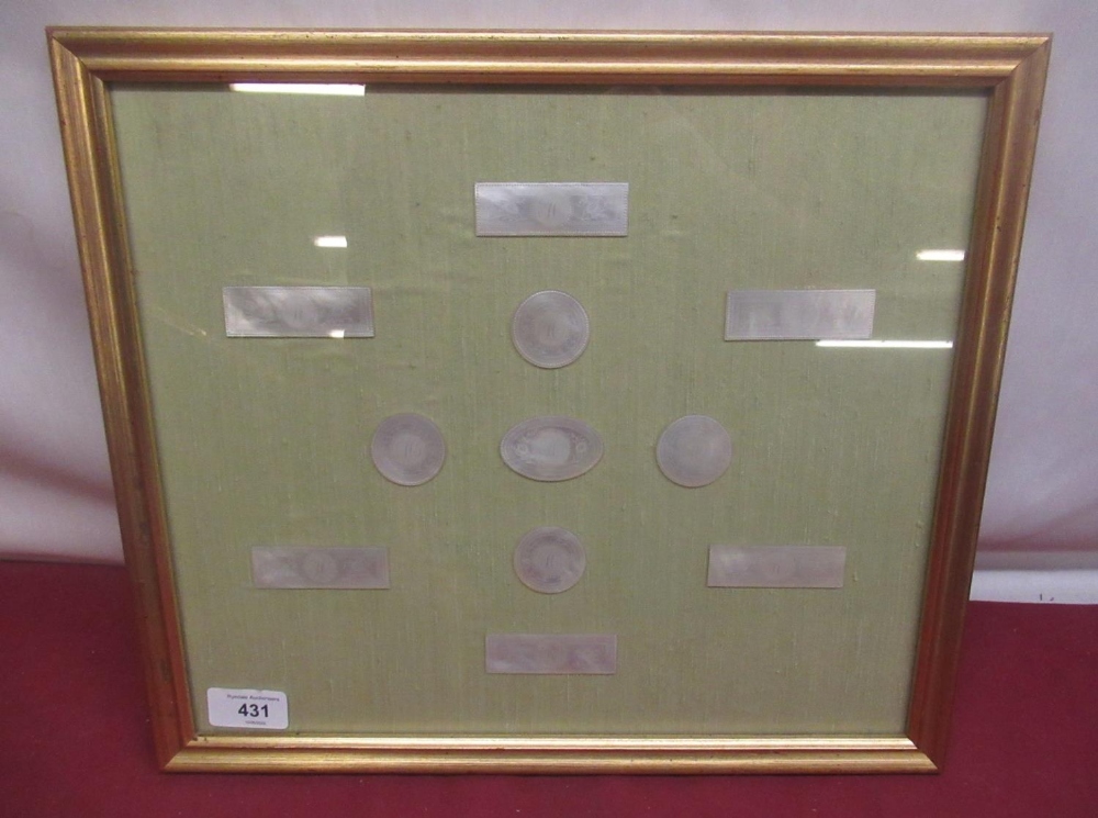 Framed mother of pearl engraved card counters (11)