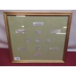 Framed mother of pearl engraved card counters (11)