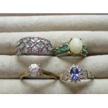 9ct yellow gold cluster ring with with white stone detail to each sholder, size O 1/2, another 9ct
