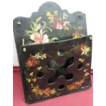 Victorian Japanned papier mache letter or paper rack, hand painted floral decoration and pierced