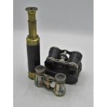 Late Victorian lacquered brass three drawer telescope with leather mount and objective lens cover,