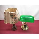 Brass desk lamp with green glass shade and turned oak bedside lamp (2)