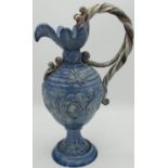 C19th Castle Hedingham - Edward Bingham medieval style blue glazed ewer shaped jug, rope twist