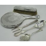 Geo.V hallmarked sterling silver mirror and brush set with etched floral decoration and initialled