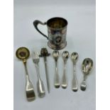 EPNS silver plated bright cut tankard, set of three EPNS fiddle pattern teaspoons baring initial,