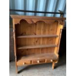 Waxed pine wall rack, moulded cornice with three tiers and three spice drawers, W87cm D20cm H115cm