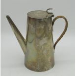 Edw.VII sterling silver circular tapering coffee pot with wicker covered handle by Hukin & Heath,