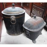 Regency style black painted cylindrical coal bin and cover H50cm and a similar rectangular bin,