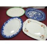 C19th Staffordshire willow pattern print ware meat dish, with impressed no. 14 to reverse, other