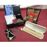 Collection of costume jewellery, gilt compacts in two jewellery boxes