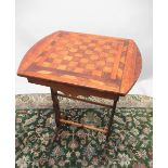 C19th country made games table, shaped oak top inlaid with satin and rosewood chess board, W52cm