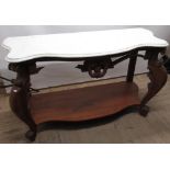 Victorian style mahogany side table with serpentine white marble top on bold scrolled supports,