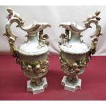 Pair of Capodimonte style vases, decorated with cherubs, mermaids and fawn, approx H38cm