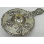 Dutch silver tea strainer with chariots, urns and flowers in relief decoration, 2.44ozt