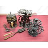 Wrought iron postage scales, hair krimper, whisk, circular revolving desk stamp holder and a yarn