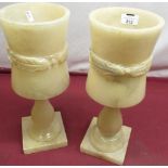 Pair of 1970's carved alabaster vase shaped table lamps with carved central band on baluster