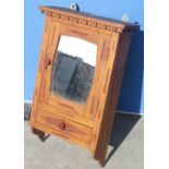 C20th mahogany inlaid oak wall cabinet with mirrored door and single drawer, W41cm D15cm H67cm