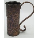 Early C20th Newlyn School copper tankard of elongated form, Art Nouveau decorated with matted