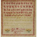 Early C20th needlework sampler worked with alphabet, by Ada Norton, Doncaster, Aged 11, framed,