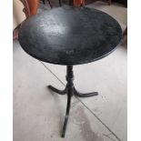 Regency style black painted tripod tea table, circular top on slender column support and three legs,