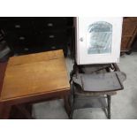 Vintage child's folding high chair/walker, child's school type desk, metal bathroom cabinet with