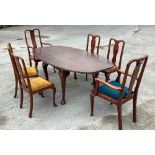 Mahogany dining table, oval reeded top on cabriole legs, W190cm D112cm H75cm, set of four Queen Anne