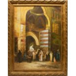 late C20th/early C21st; Middle Eastern street scene with figures outside a temple, oil on canvas?,
