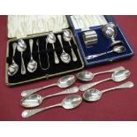 Early C20th cased set of six EPNS tea spoons with matching tongs, cased EPNS Christening set, set of