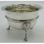 Victorian hallmarked sterling silver sugar bowl with shaped rim on three lion mask twist legs with