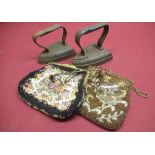 Two Late C19th polished steel hand held chemist scales with glass pans, two cast iron flat irons,