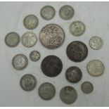 Selection of pre 1947 Georgian and later coinage including 1889 Victoria crown, Geo. III shilling,
