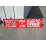 Red advertising sign for watch repair and key cutting, hand painted, 183cm by 45cm, with 2 key