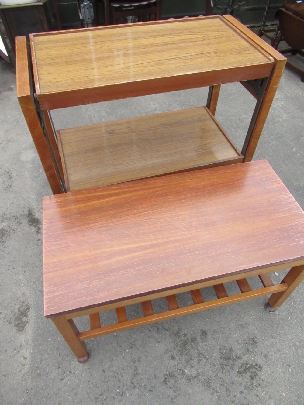 1960's Gibbs furniture, teak and laminate two tier coffee table, similar cantilever tea trolley (2)